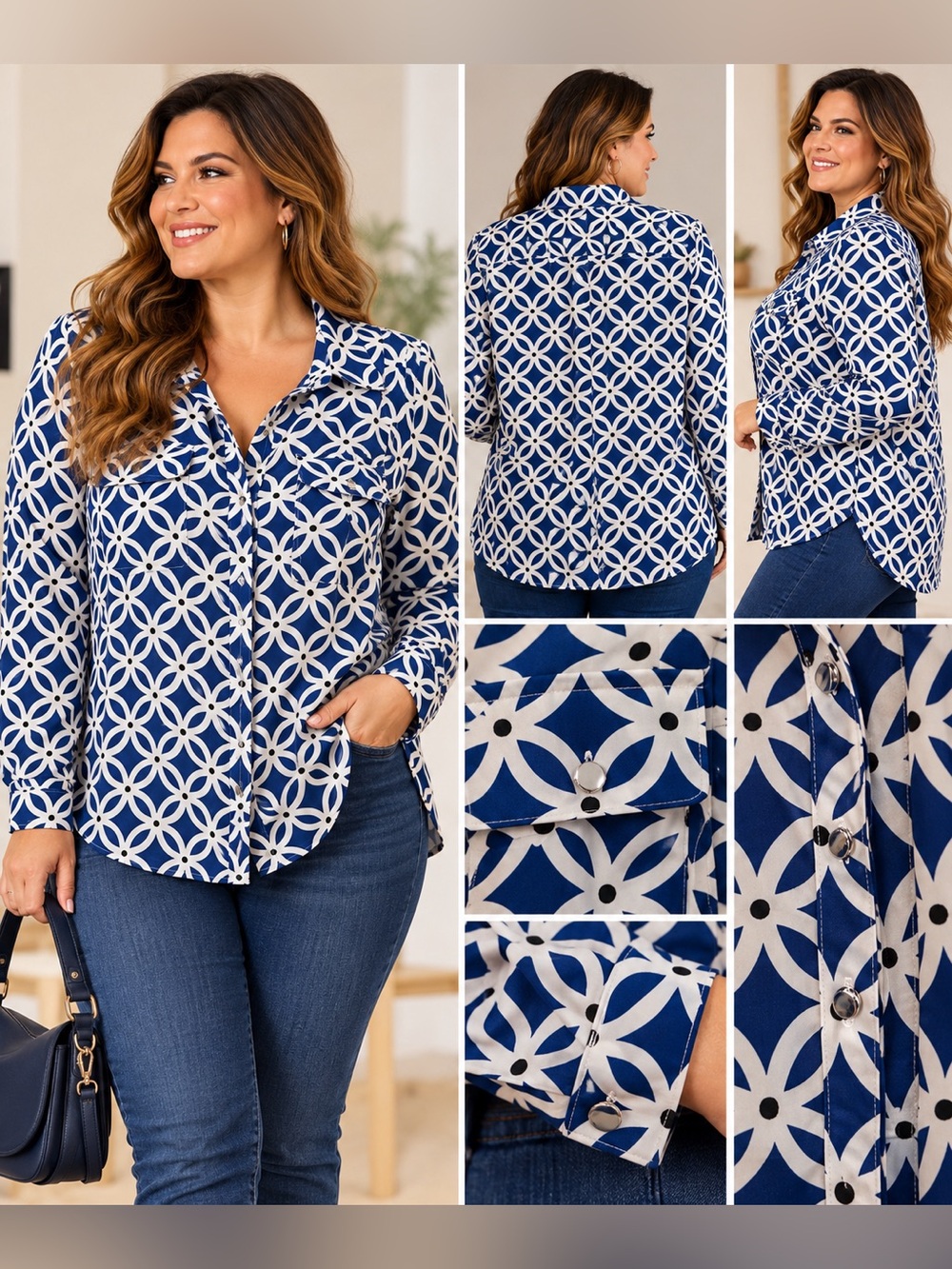 Notations Women’s Blue & White Floral Button-Front Blouse – Size 1X